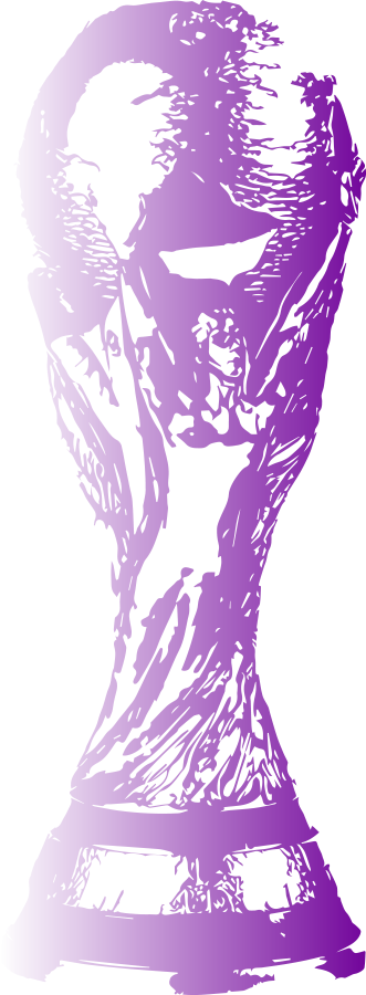 Purple stylized sketch of the FIFA World Cup trophy featuring a globe held by two human figures.